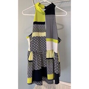 Kaari Blue Patchwork Halter Top Blue White Yellow Side Peplum Keyhole Sz XL